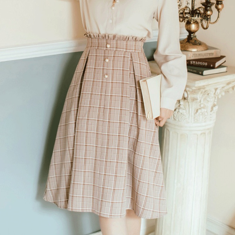 Title 4, Milk Tea Plaid Skirt Mid-length High-waist Plea...