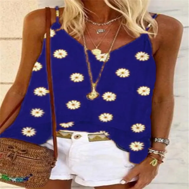 Women's Sleeveless Summer Small Chrysanthemum Casual Vest Blue - Shop at LoveMi