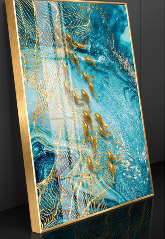 Abstract Gold Fish Canvas Painting Nordic Marble.