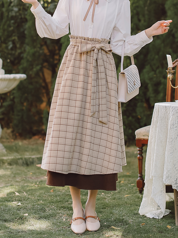 Half-length Skirt Blue Plaid Mid-length Retro College Style