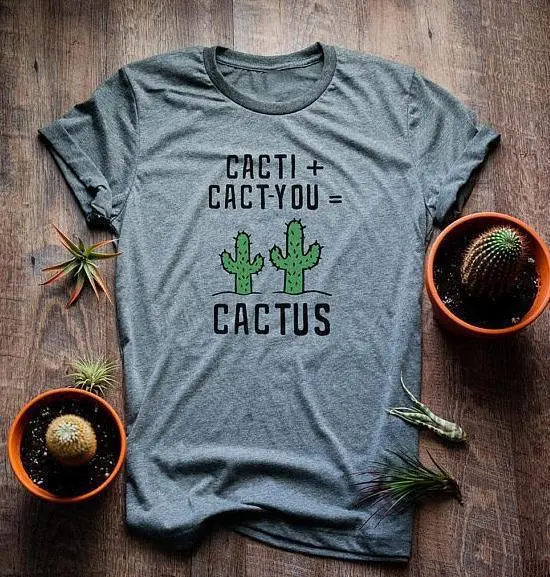 Round Neck Short Sleeve T-shirt Female Alphabet Cactus - Grey
