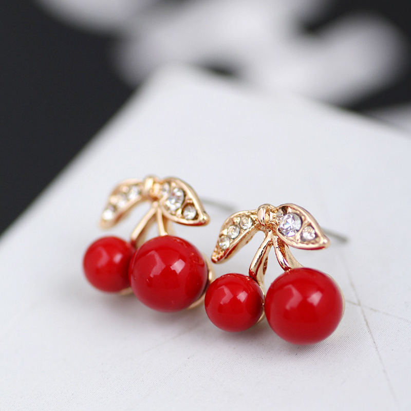 Fashion Jewelry All-match Diamond-studded Red Cherry Simple Temperament Earrings