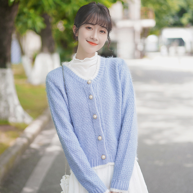 Long-sleeved Blue Knit Sweater Sweater Female Student Cardigan Loose Sweater Coat