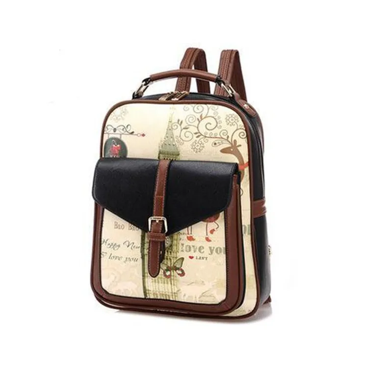Retro Shoulders Trend Fashion Lady Student Graffiti Shoulder Bag - Black