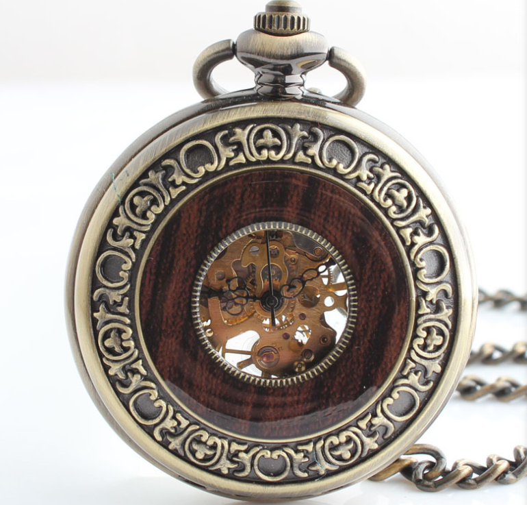 Vintage Luxury Wooden Circle Skeleton Big Pocket Watch