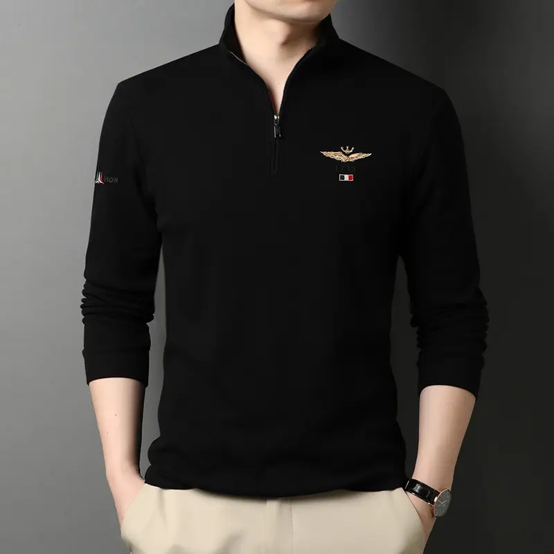 Stand-up Collar Men's Long-sleeved T-shirts Loose Polo Shirts Cotton