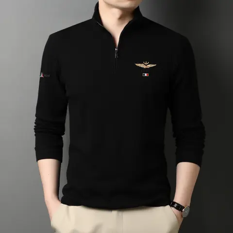 Stand-up Collar Men's Long-sleeved T-shirts Loose Polo Shirts Cotton