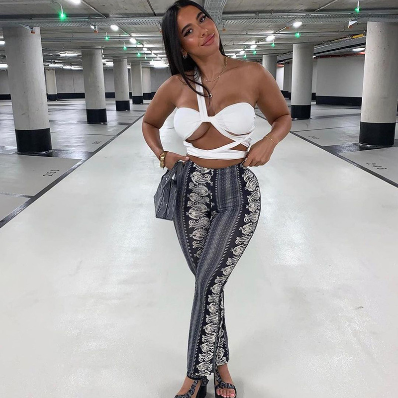 Printed Stitching High-waisted Loose Booty Pants