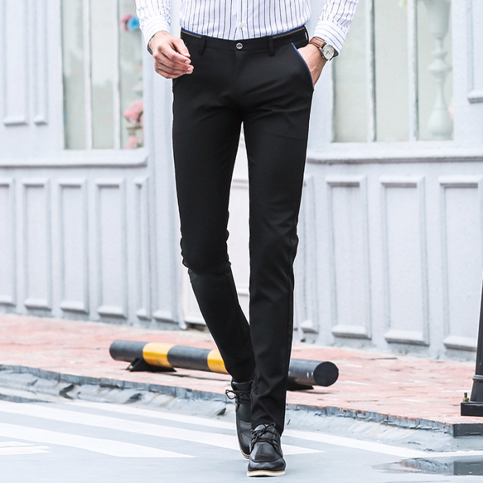 بنطلون رجالي أسود رسمي كاجوال، مقاس صغير، تصميم مستقيم، وضيّق.