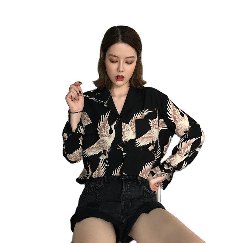 Women's Deep V Shirt With Crane Chiffon Nine-quarter Sleeves Blouse