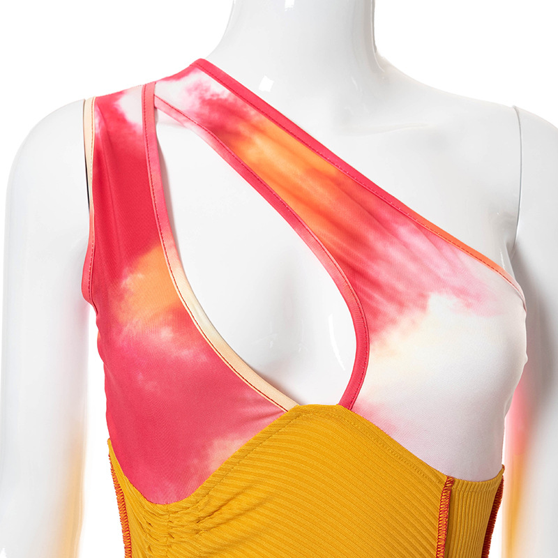 Stitching Printed One-shoulder Hollow Pleated Irregular Dress