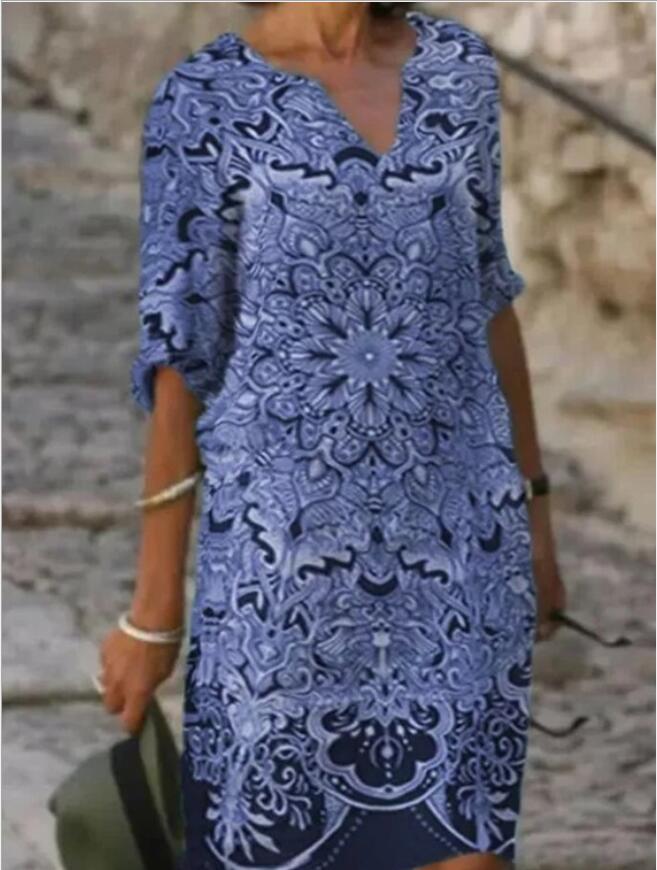 V-Neck Casual Half-Sleeve Floral Knee-Length Dress