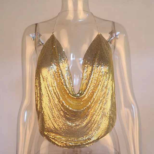 Metallic Sequined Sling Deep V Umbilical Vest Gold - Shop at LoveMi
