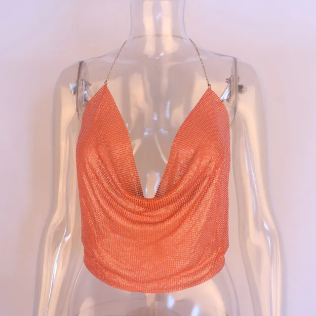 Metallic Sequined Sling Deep V Umbilical Vest Orange - Shop at LoveMi