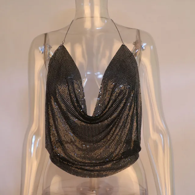 Metallic Sequined Sling Deep V Umbilical Vest Black - Shop at LoveMi