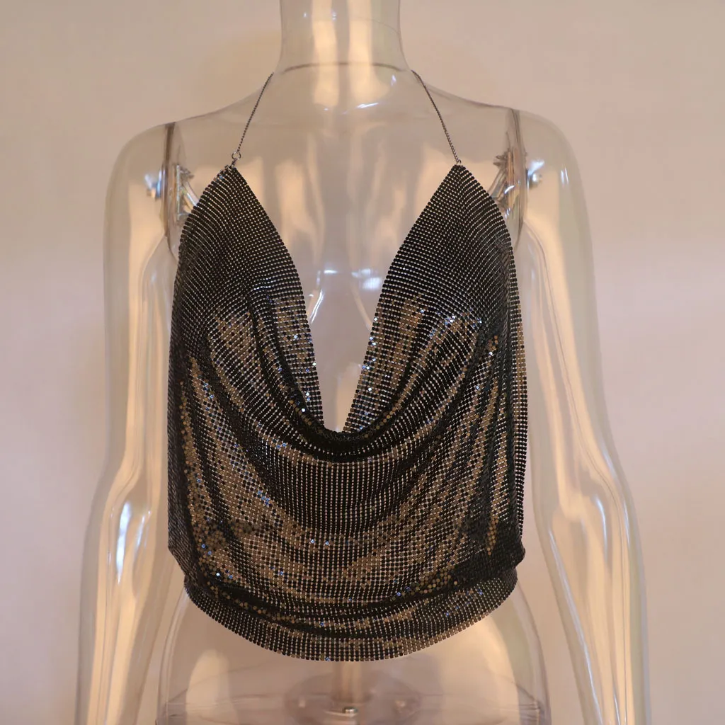 Metallic Sequined Sling Deep V Umbilical Vest - Black