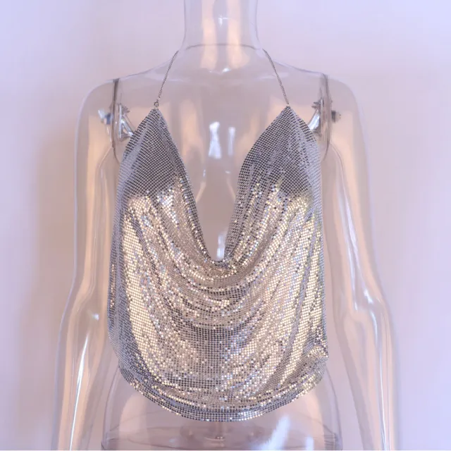 Metallic Sequined Sling Deep V Umbilical Vest Silver - Shop at LoveMi