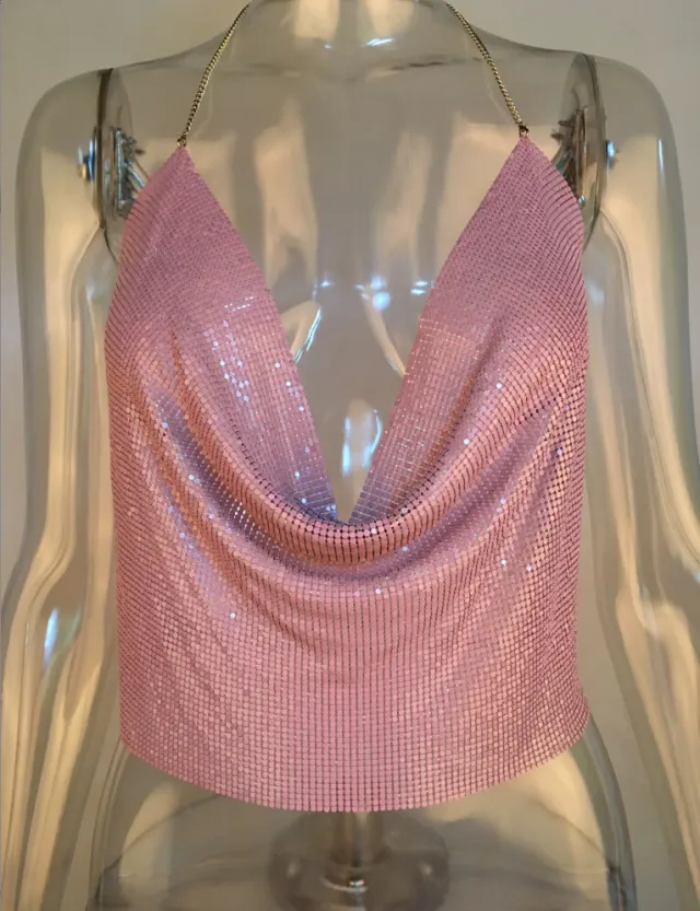 Metallic Sequined Sling Deep V Umbilical Vest Pink - Shop at LoveMi
