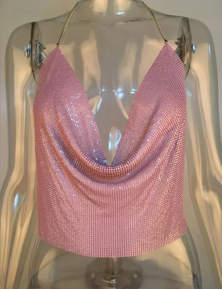 Metallic Sequined Sling Deep V Umbilical Vest - Pink