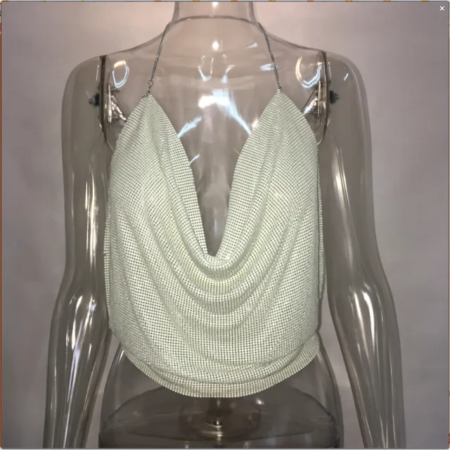 Metallic Sequined Sling Deep V Umbilical Vest White - Shop at LoveMi