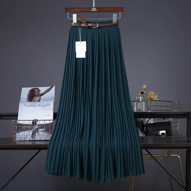 Pure Color Chiffon Mid length Pleated Large length Swingy Drape Skirt Dark Green - Shop at LoveMi