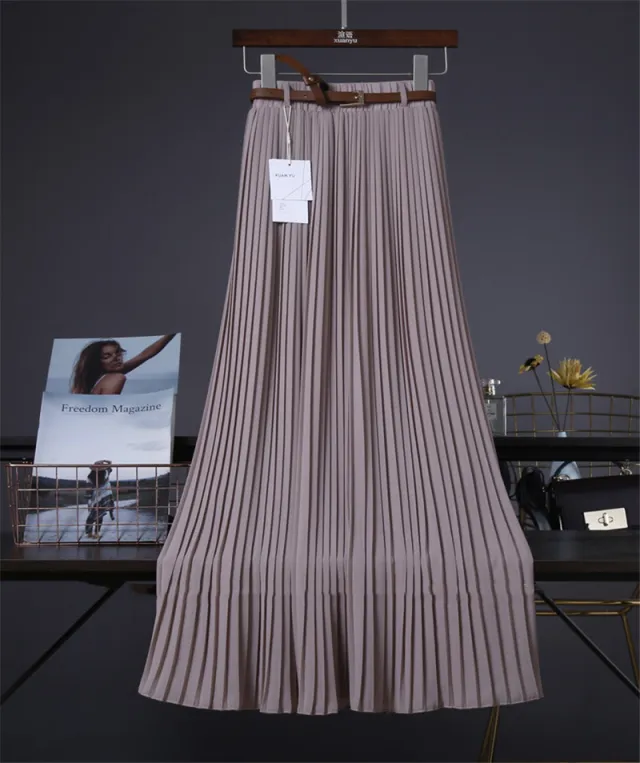 Pure Color Chiffon Mid length Pleated Large length Swingy Drape Skirt Milk Tea Color 88Cm - Shop at LoveMi