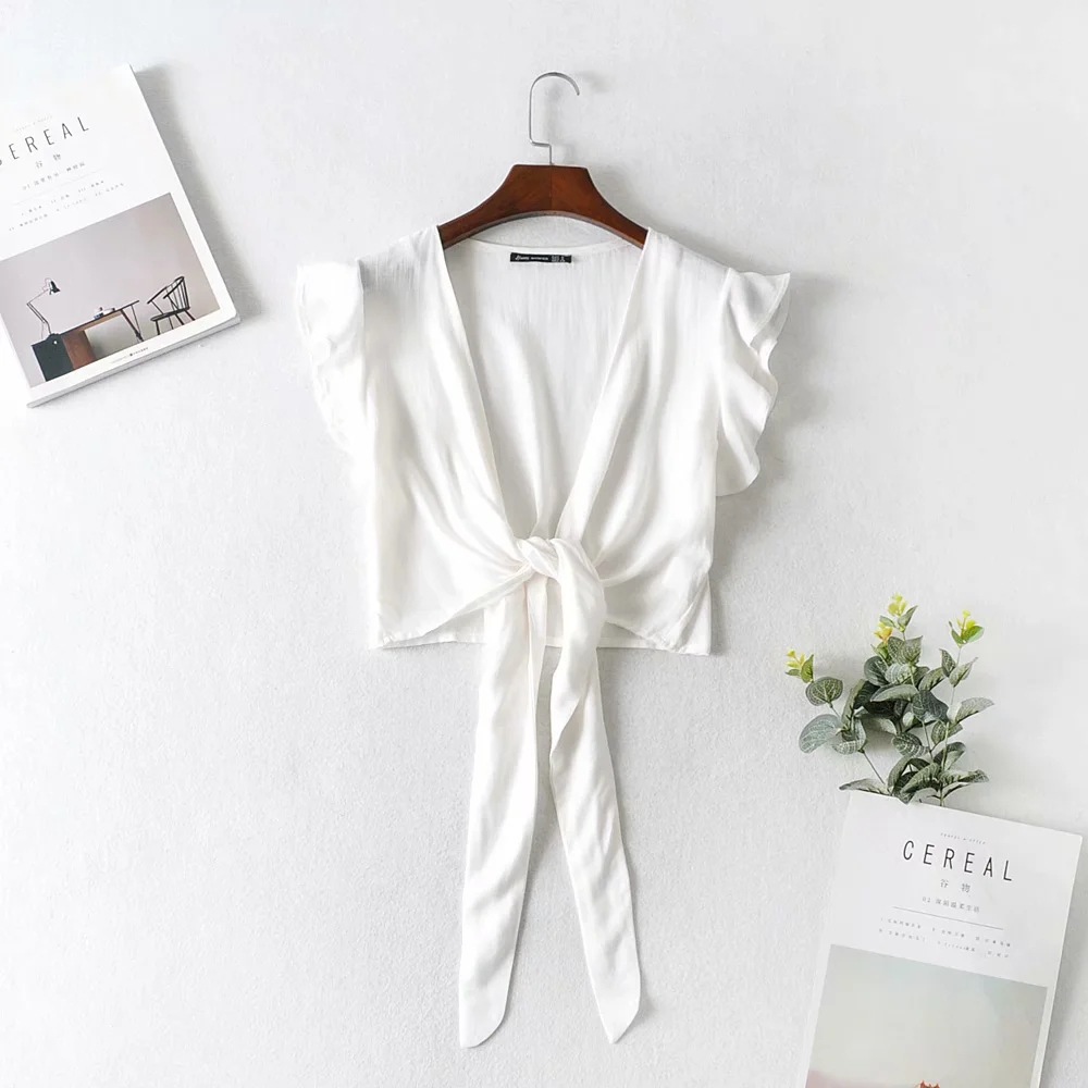 Cotton And Linen Tie Short-sleeved Knotted Shirt