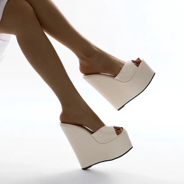 Early Spring Simple High heeled Wedge Slippers White - Shop at LoveMi