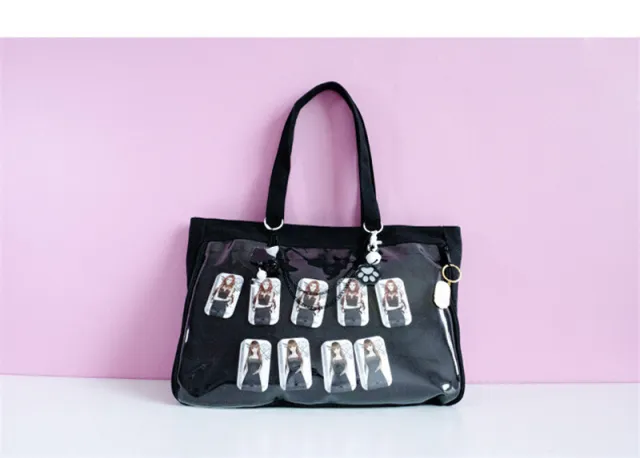 Japanese Bentong Bag Transparent Single sided Canvas One shoulder Portable Diagonal Bag Black - Shop at LoveMi