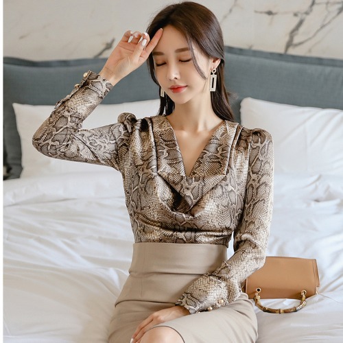 Snake Print Long Sleeve Shirt High Waist Bag Hip Skirt Suit