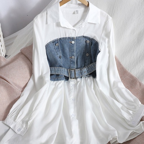 Fake Two Piece Stitching Denim Shirt Dress Female Spring New Design Sense Waist Tie Shirt Skirt