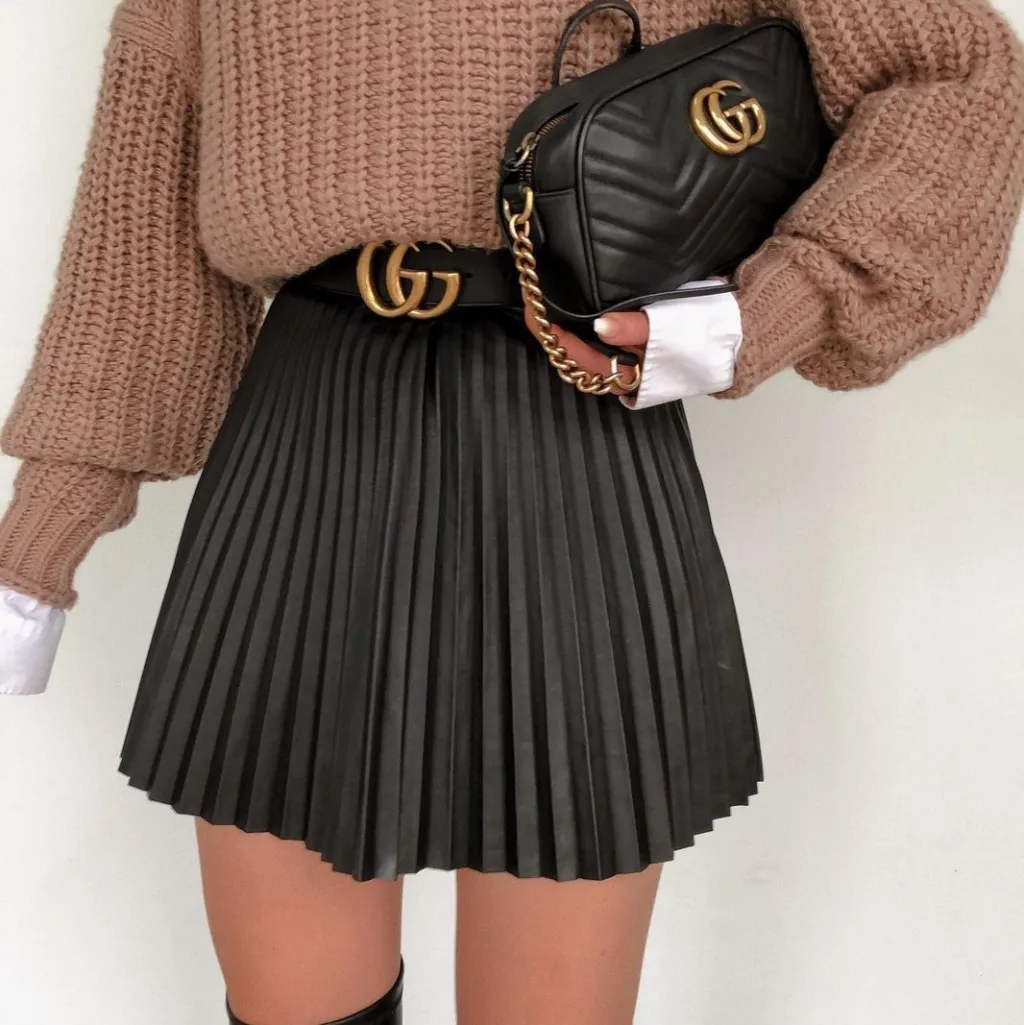 Draped Pleated Knitted Mini Skirts Women Winter Short Skirt - Black