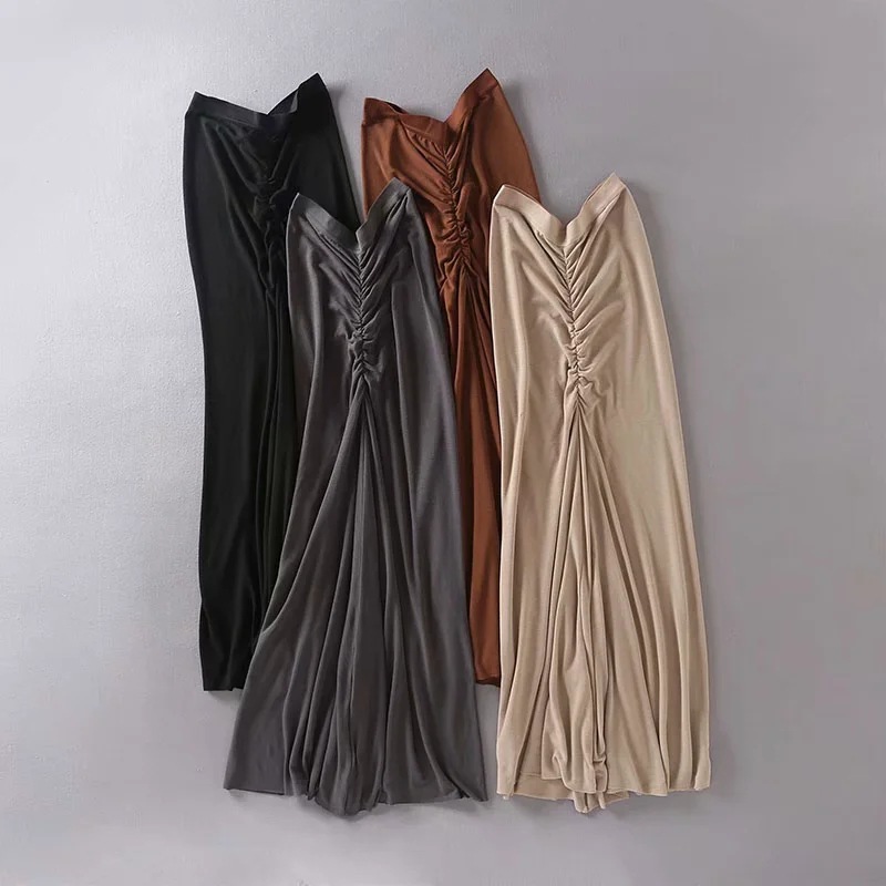 Elastic Waist Front And Back Pleated High Waist Thin Wrap Hip Long Skirt Skirt