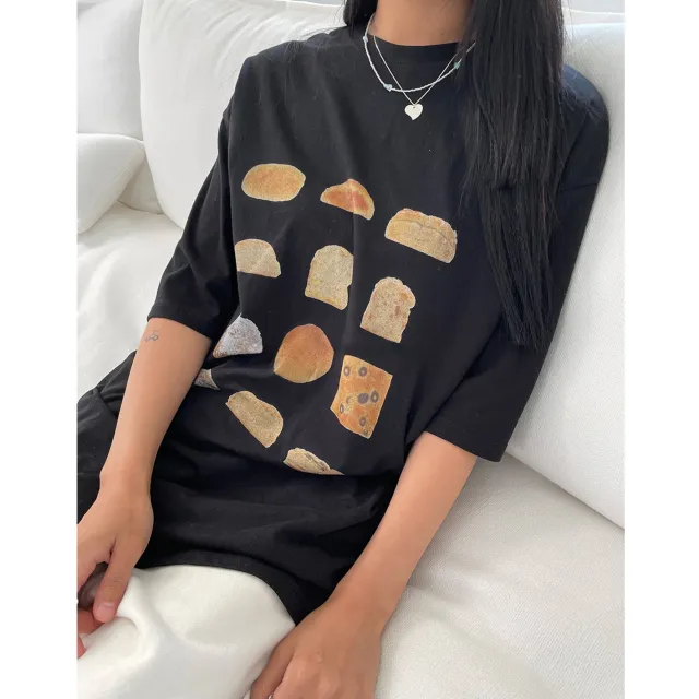 Baked Bread Toast Realistic Printing Round Neck Loose Short Sleeves Grey - Shop at LoveMi
