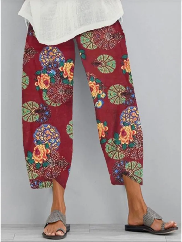 Printed elastic waist pocket pants Red Wine - Shop at LoveMi