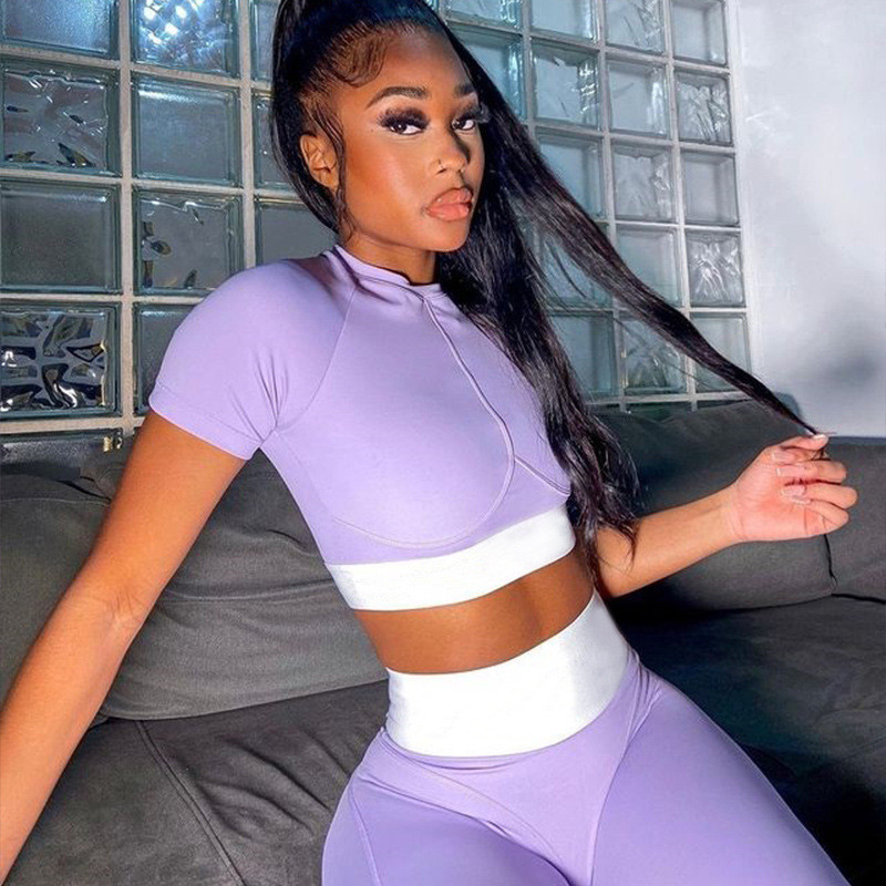 Pure Color Stitching Short Round Neck Short-sleeved Shirt Fitness Sports Fashion Suit