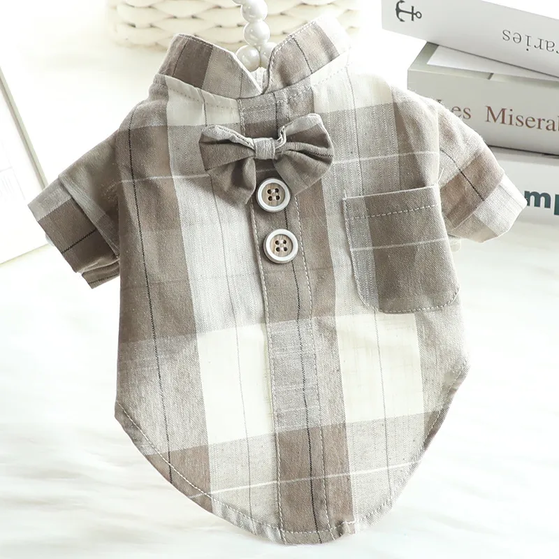 Dog Clothes Summer Thin Cat Bow Tie Collar Shirt Dress Small Dog Pet - Beige Brown