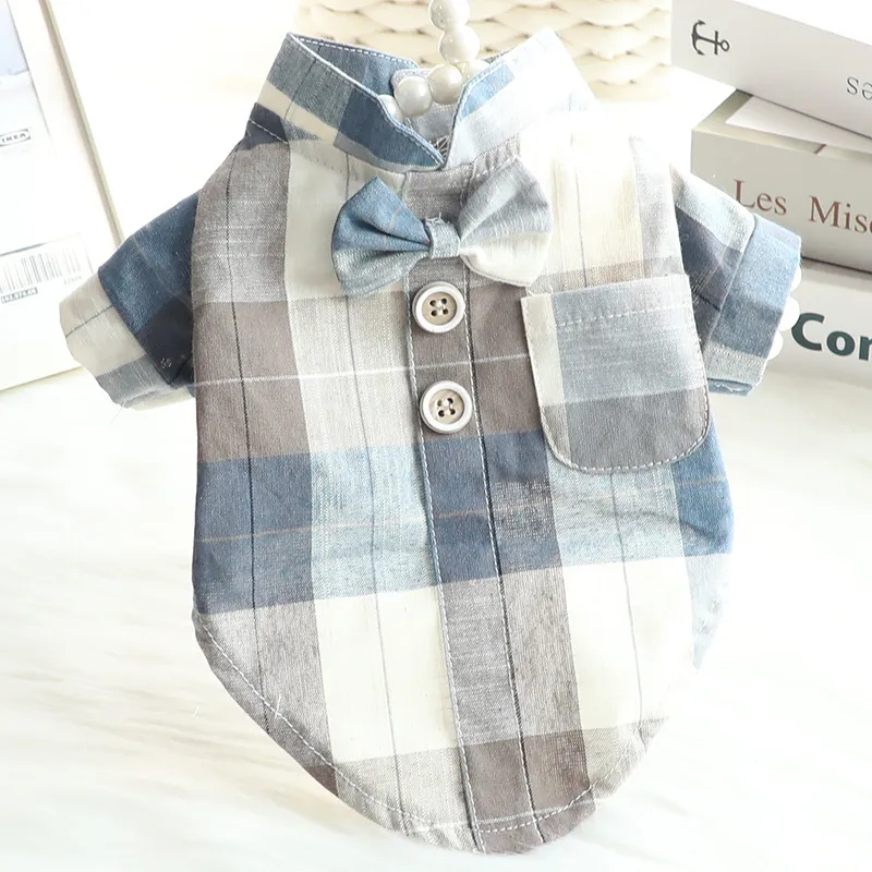 Dog Clothes Summer Thin Cat Bow Tie Collar Shirt Dress Small Dog Pet - Gray Blue