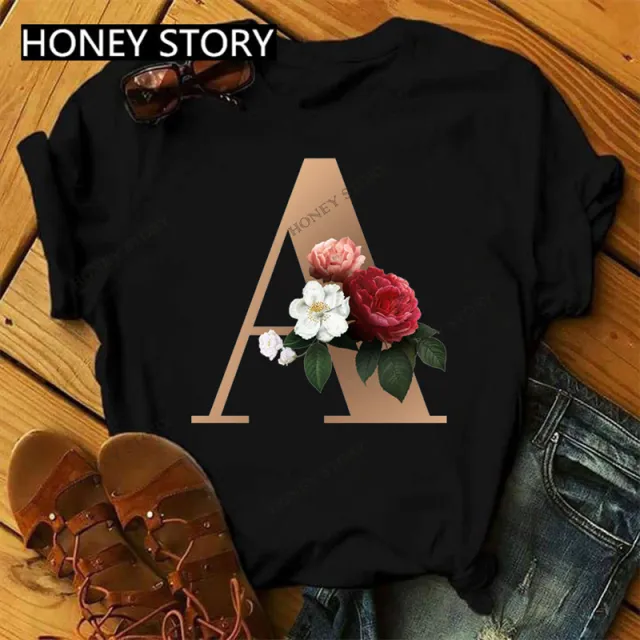 26 Golden English Letters ABCDE Flower Print Ladies T shirt European And American Large Size Casual Short sleeved Harajuku Top Blacka - Shop at LoveMi
