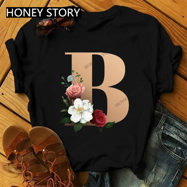 26 Golden English Letters ABCDE Flower Print Ladies T shirt European And American Large Size Casual Short sleeved Harajuku Top Blackb - Shop at LoveMi