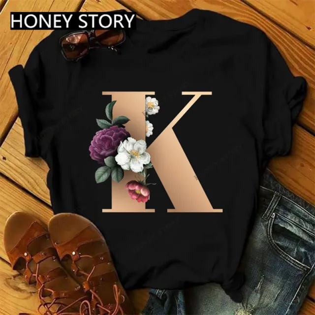 26 Golden English Letters ABCDE Flower Print Ladies T shirt European And American Large Size Casual Short sleeved Harajuku Top Blackk - Shop at LoveMi