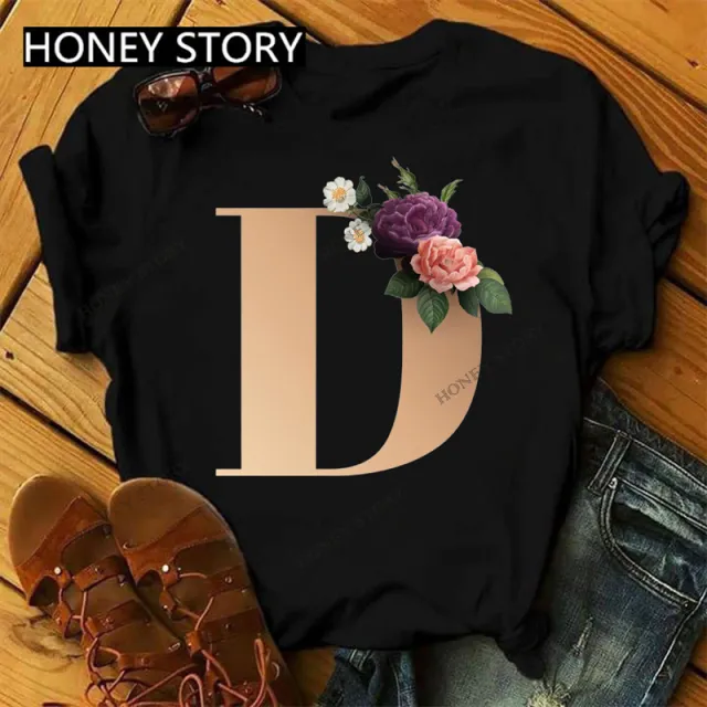 26 Golden English Letters ABCDE Flower Print Ladies T shirt European And American Large Size Casual Short sleeved Harajuku Top Blackd - Shop at LoveMi