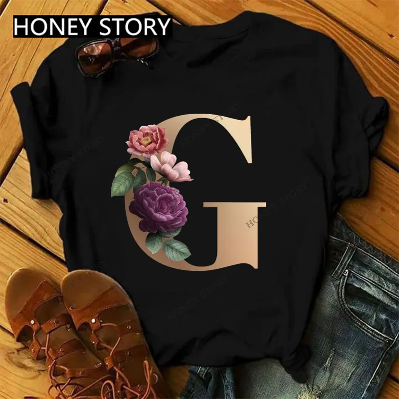 26 Golden English Letters ABCDE Flower Print Ladies T-shirt European And American Large Size Casual Short-sleeved Harajuku Top - Blackg