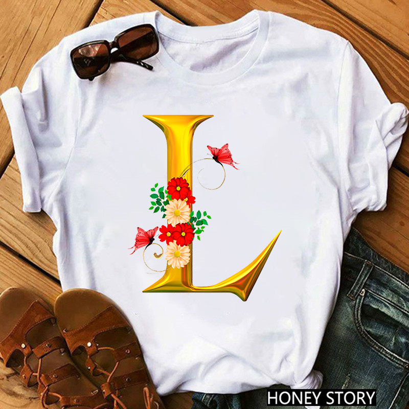 Title 9, New 26 Gold Letter Flowers T-shirt