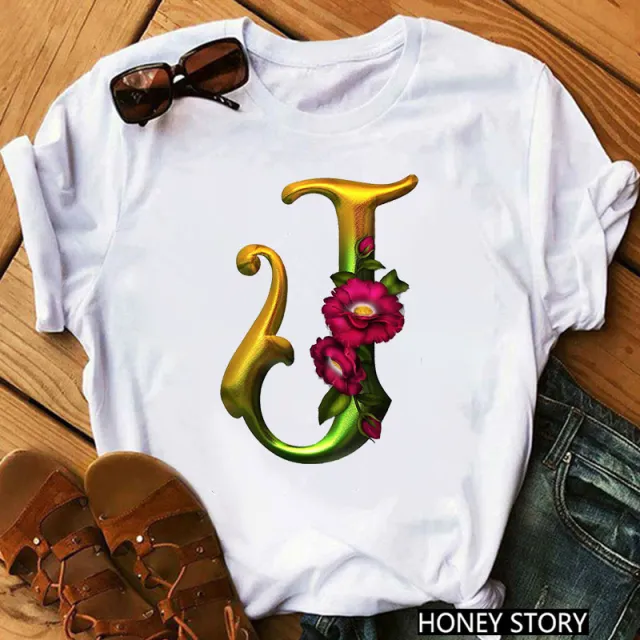 New 26 Gold Letter Flowers T shirt J - Shop at LoveMi