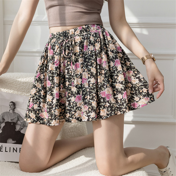 Summer New Hit Color Floral Short Skirt Female Folds Elastic High Waist Loose Casual