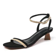 New Women's Mid-heel Buckle Colour Matching Elegant Open-toed Sandals - Black - View 1