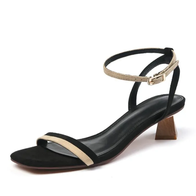 New Women's Mid heel Buckle Color Matching Elegant Open toed Sandals Black - Shop at LoveMi