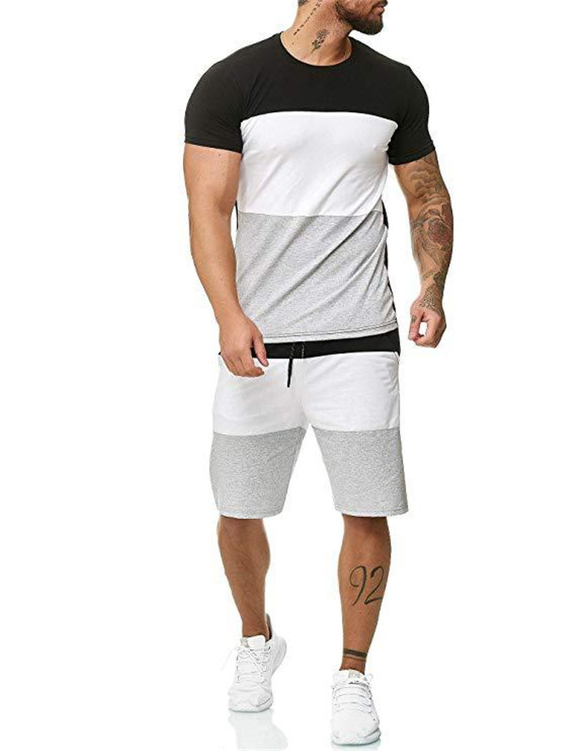 Summer Men's Stitching Casual Two-Piece Round Neck Color Matching Short-Sleeved Shorts Suit