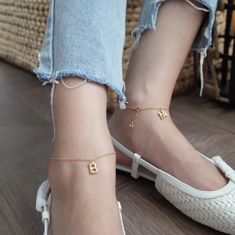 14K Gold-plated 26 Bamboo Letter Anklets Can Be Stacked